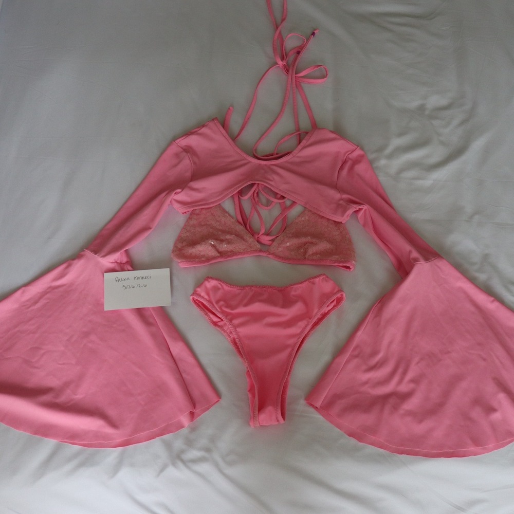Pink Festival Rave Set Women's Small Three Piece Bikini Barbie Y2K Flare Sleeve
